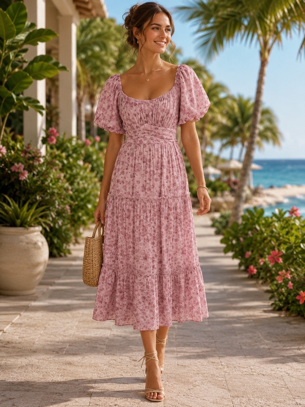 Francesca's Collections Dusty Pink Floral Puff-Sleeve Midi Dress Sz M Vacation